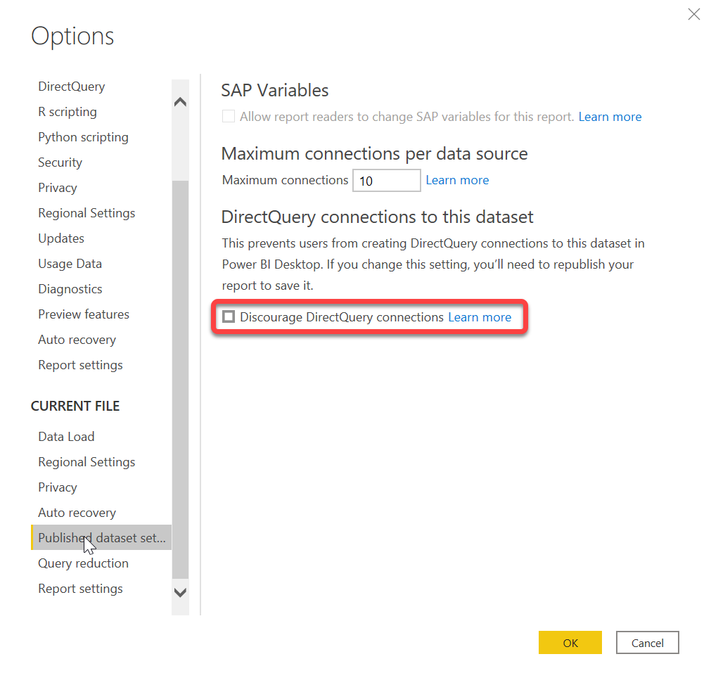 Screenshot of discourage DirectQuery connections to this dataset setting in Power BI Desktop Options menu.