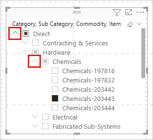 Screenshot of Hierarchy slicer dropdown in Power B I.