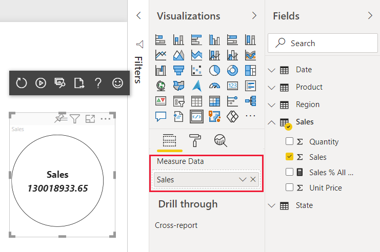 Screenshot of the sales value displayed in the react circle card visual in the Power BI service.