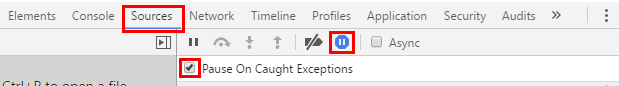 Screenshot shows Sources tab with Pause On Caught Exceptions selected.