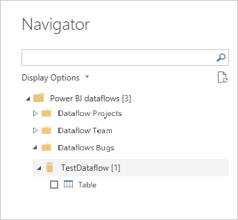 Screenshot of the Navigator in Power BI Desktop choosing dataflows to connect to.