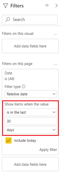 Screenshot showing the Filters on this page section of the Filters pane, with the 'Show items when the value' options called out.