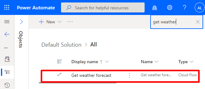 Screenshot of the Get weather forecast flow in the Default Solution.