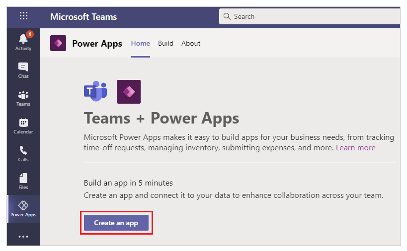 Create an app from the Power Apps home.