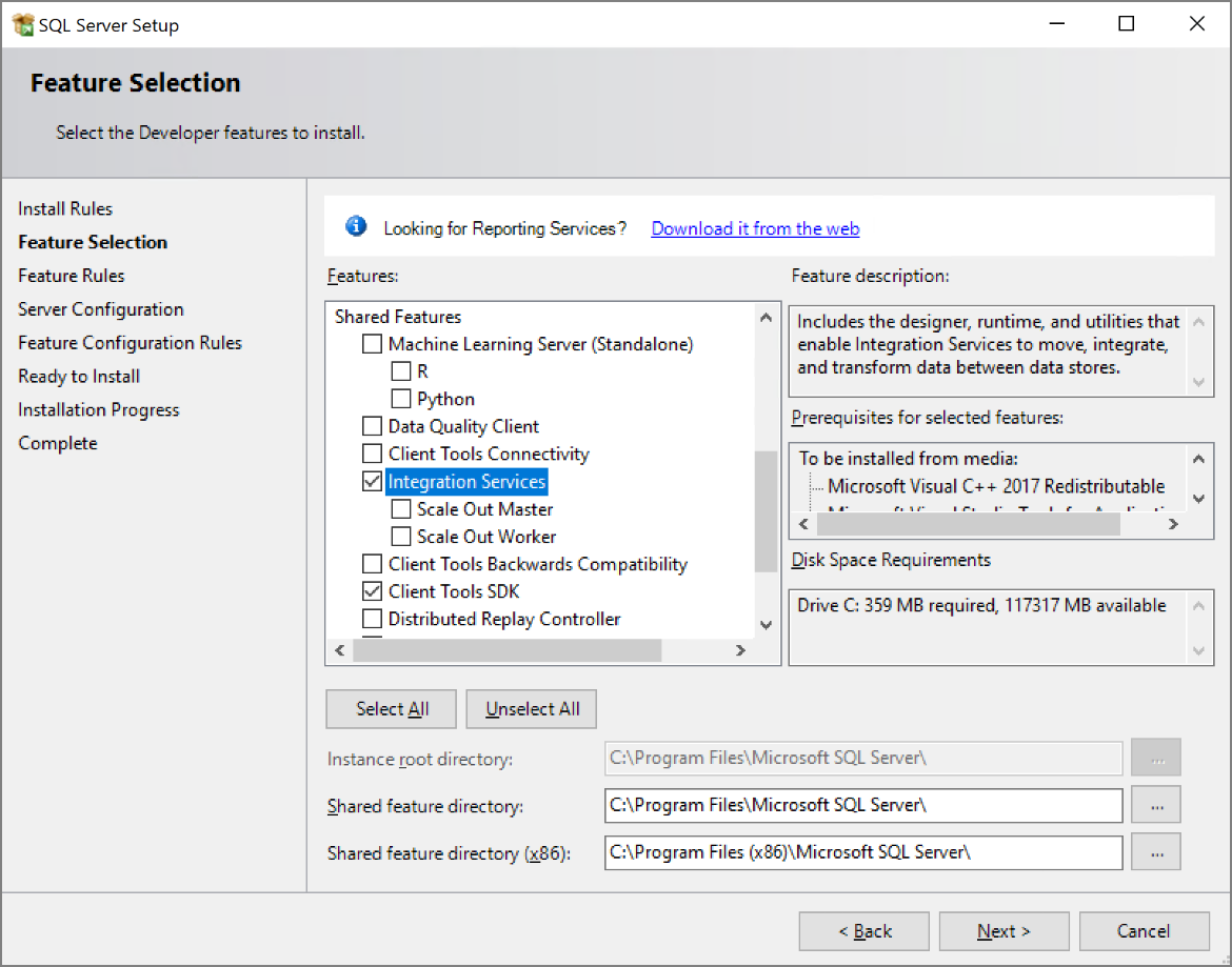 Install Integration Services feature selection