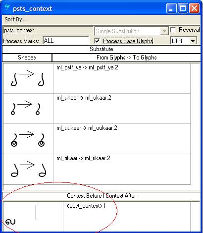 Screenshot of a Microsoft VOLT dialog for specifying single substitutions. Alternates of various post base glyphs are substituted. A glyph group called post context is specified as a preceding context.