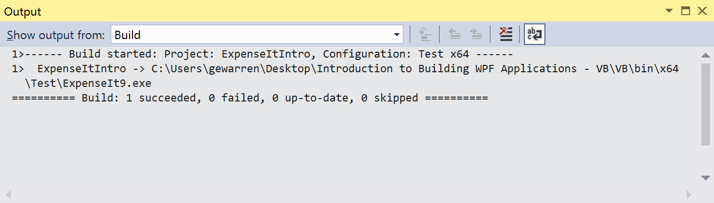 Screenshot of Output Window for Visual Basic with no build warnings.
