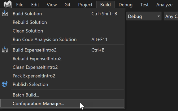 Screenshot of the Build menu Configuration Manager command.