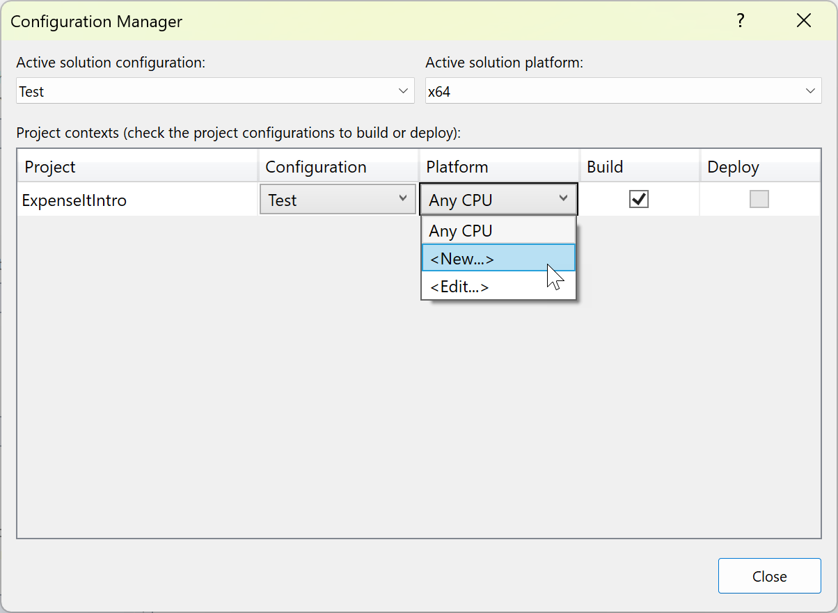 Screenshot showing creating a new project platform in the Configuration Manager.