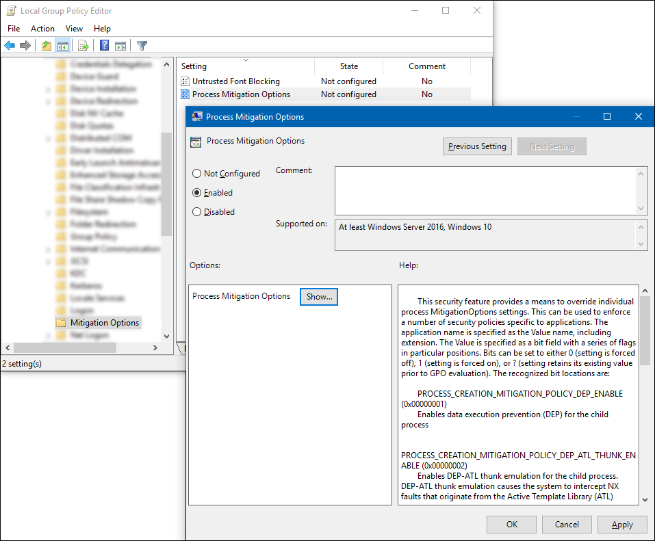 Screenshot of the Group Policy editor: Process Mitigation Options with setting enabled and Show button active.