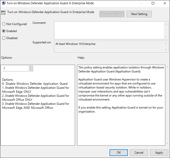 Group Policy editor with Turn On/Off setting.