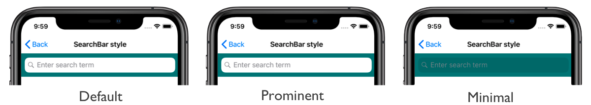 Screenshot of SearchBar styles with background color, on iOS