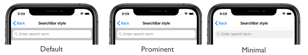 Screenshot of SearchBar styles, on iOS