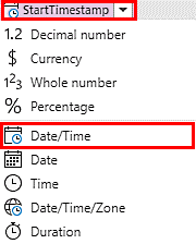 Screenshot of the Date/Time data type for StartTimestamp.