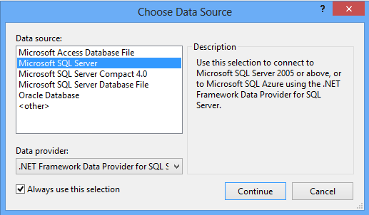 Screenshot that shows the Choose Data Source dialog box. The Microsoft S Q L Server data source is selected.