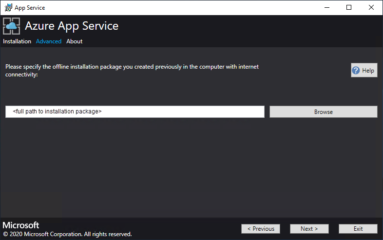 Specify offline installation package path im Azure App Service Installer