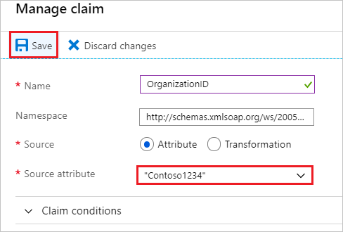 Org Attributes & Claims section in the Azure portal