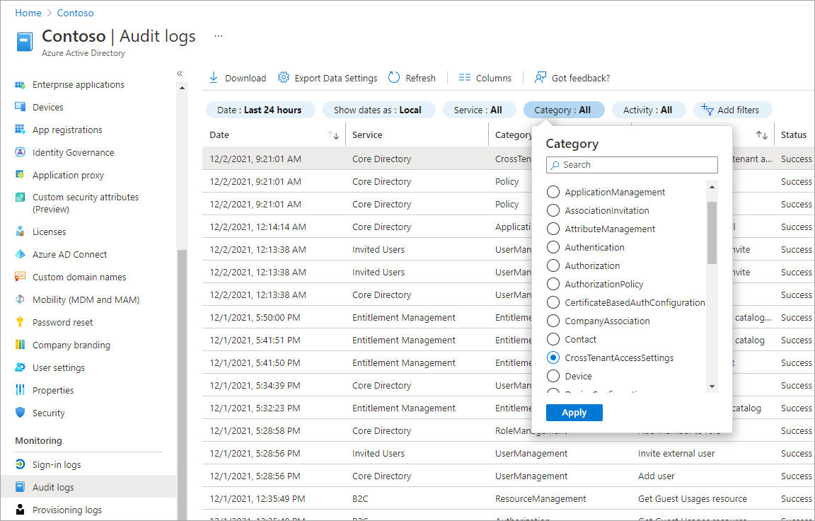 Screenshot showing an audit log