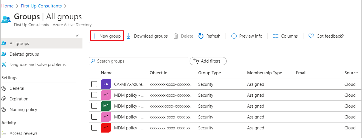 Azure AD page, with Groups showing