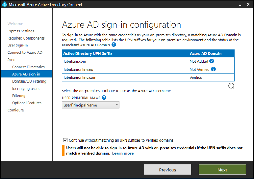 Screenshot showing unverified domains on the "Azure A D sign-in configuration" page.