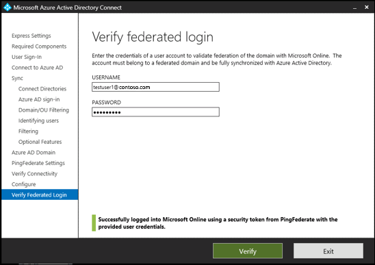 Screenshot showing the "Verify federated login" page. A message at the bottom indicates a successful sign-in.