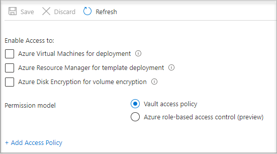 Screenshot showing the Key vault  access policy screen.