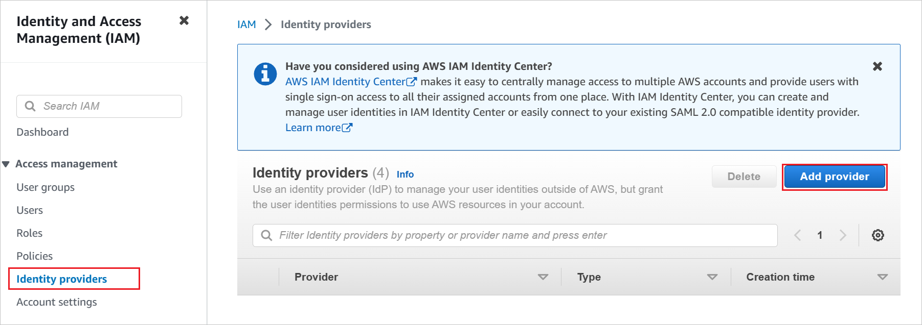 Screenshot of IAM page, with Identity Providers and Create Provider highlighted.