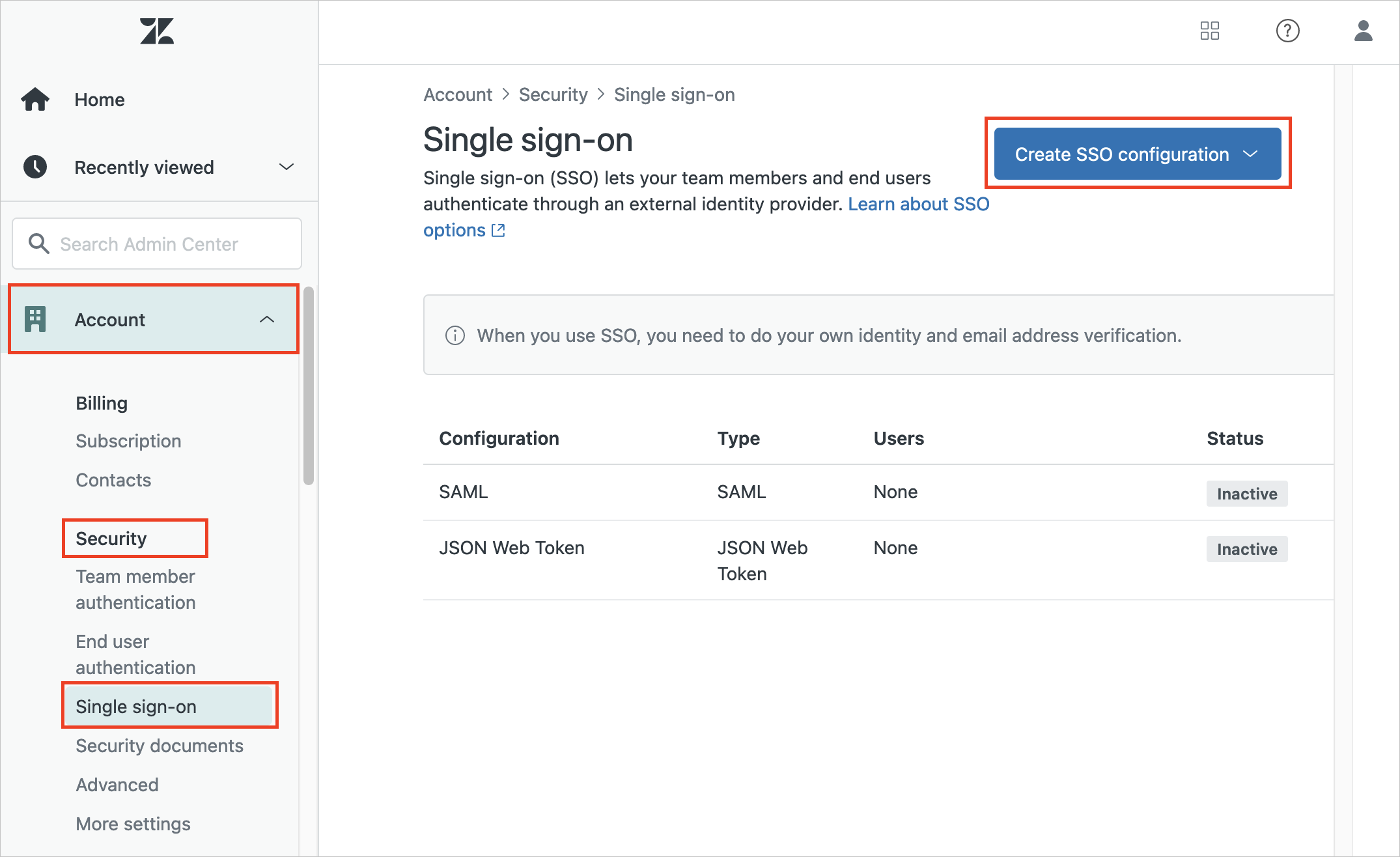 Screenshot shows the Zendesk Admin Center with Security settings selected.