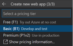 A screenshot of the dialog box in VS Code used to a pricing tier for the new web app.