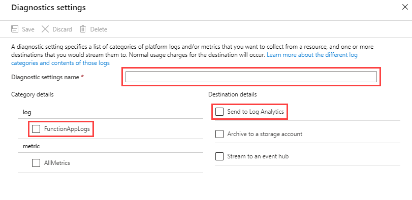 Screenshot of adding a diagnostic setting for Azure Functions.