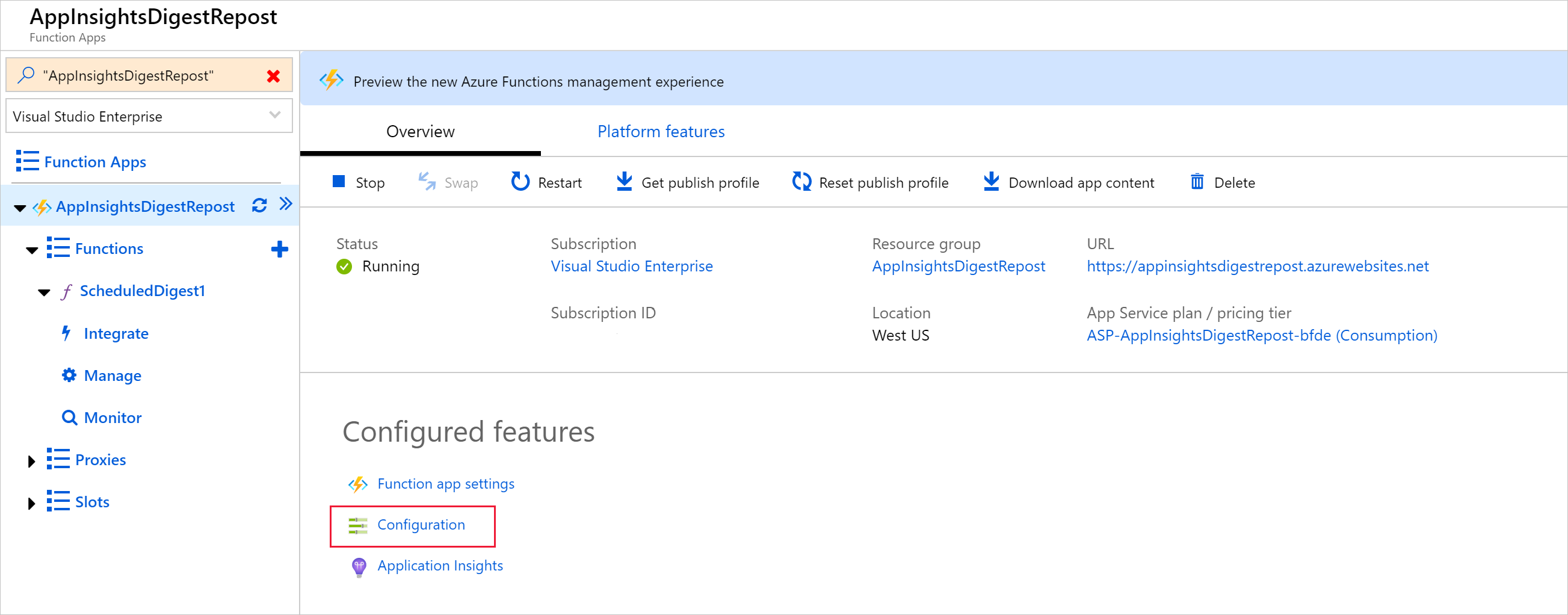 Screenshot that shows Azure Function Application settings.