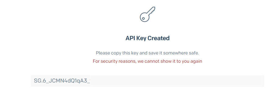 Screenshot that shows the API Key Created pane.