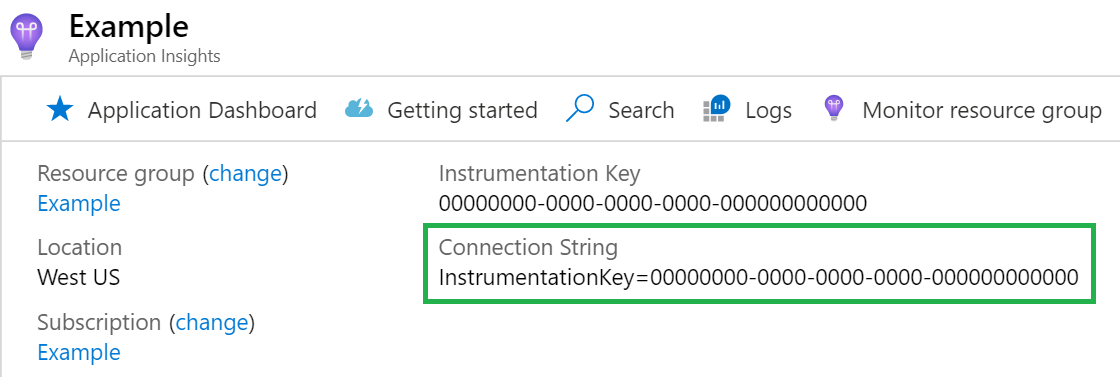 Screenshot that shows an Application Insights connection string.