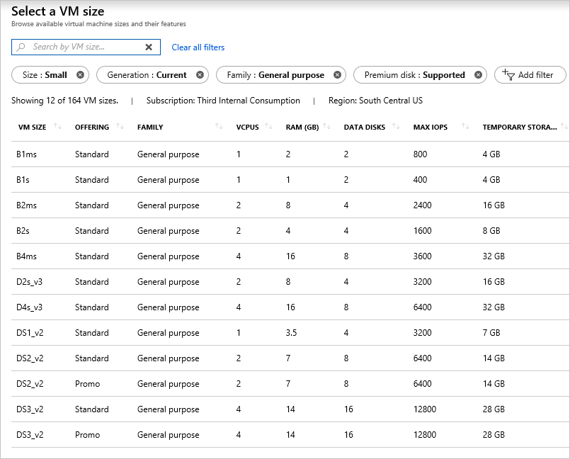 Screenshot of Azure portal showing a list of available virtual machine sizes along with filtering options to narrow down the selection.