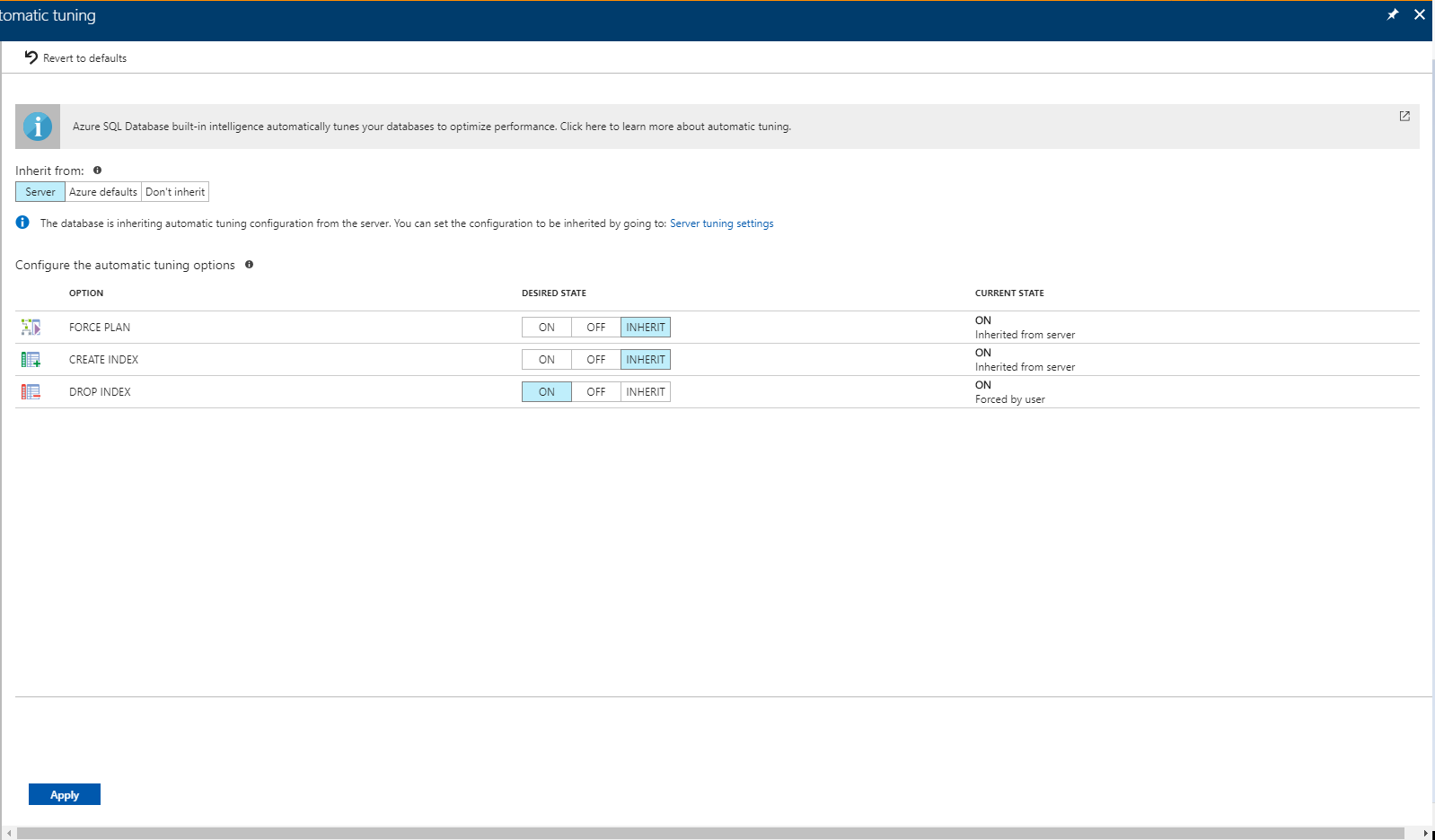 Screenshot shows Automatic tuning in the Azure portal, where you can apply options for a single database.