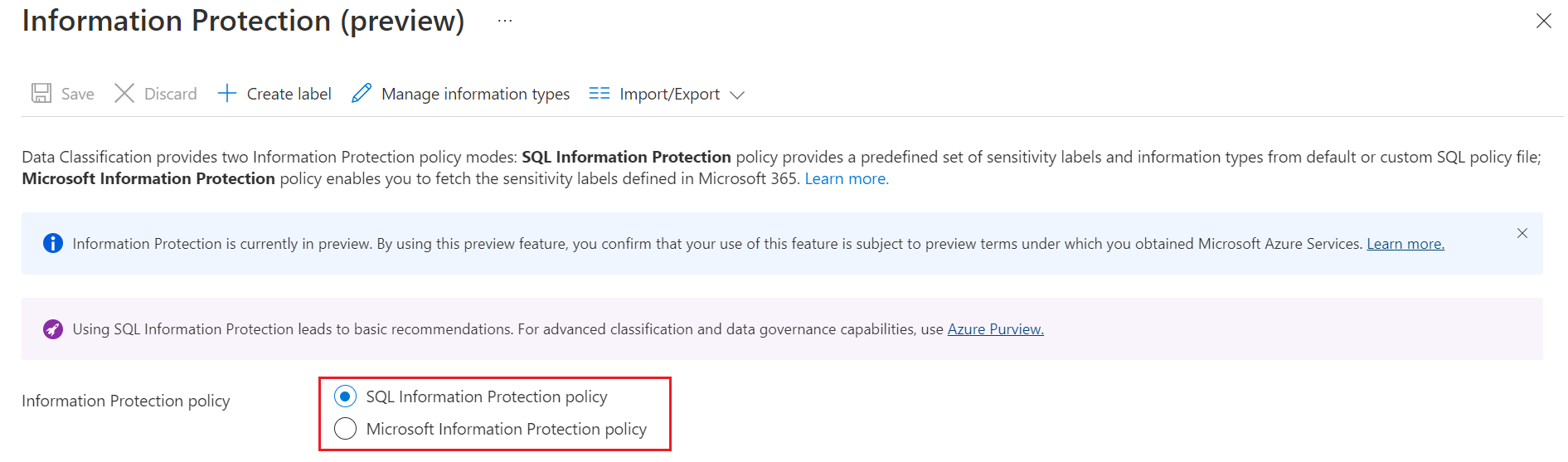 Screenshot of Information Protection policy types.