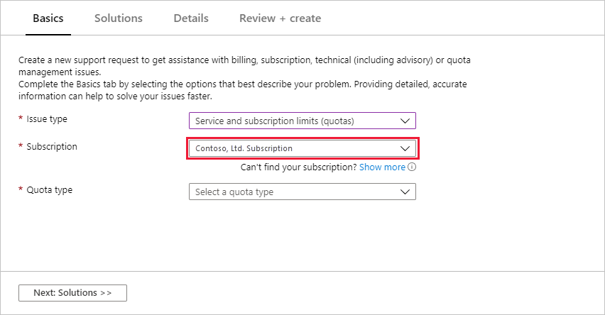 Select a subscription for an increased quota
