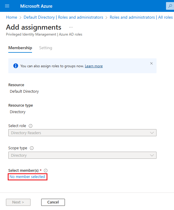 Screenshot of the add assignment page of the Azure portal, with No member selected highlighted.