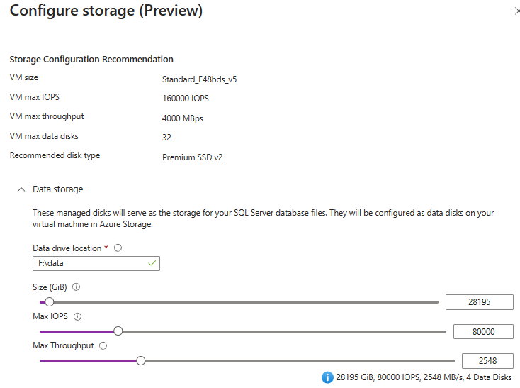 Screenshot of the Configure storage window in the Azure portal.