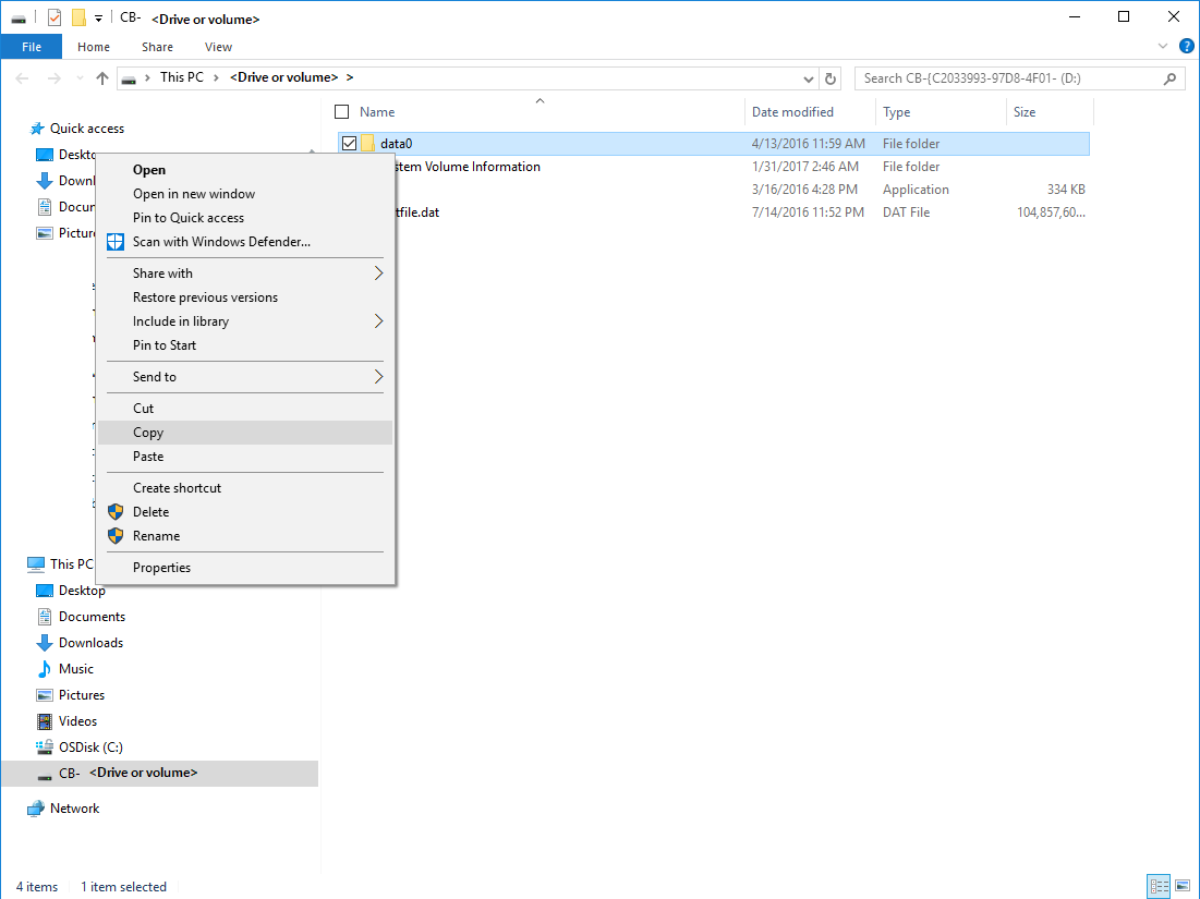 Screenshot of Windows Explorer, with Copy highlighted (restore to alternate machine)