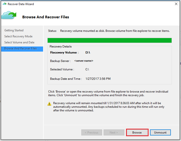 Screenshot of Recover Data Wizard Browse and Recover Files page (restore to same machine)