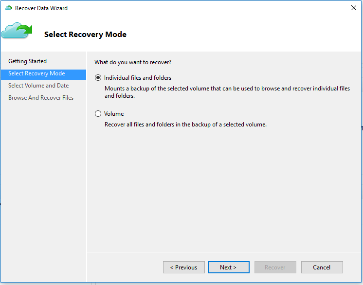 Screenshot of Recover Data Wizard Select Recovery Mode page (restore to same machine)