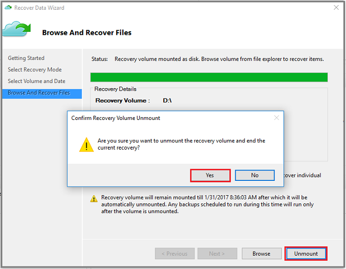 Screenshot of Recover Data Wizard Browse and Recover Files page (restore to same machine) - Confirm Recovery Volume Unmount