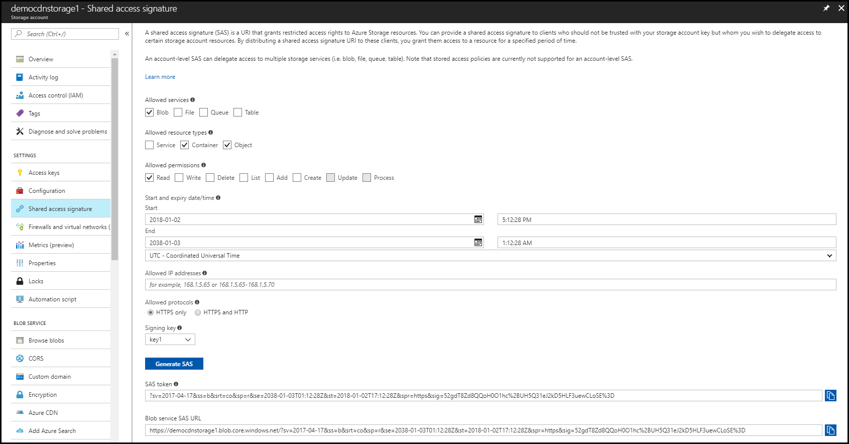 Screenshot of the content delivery network SAS settings.