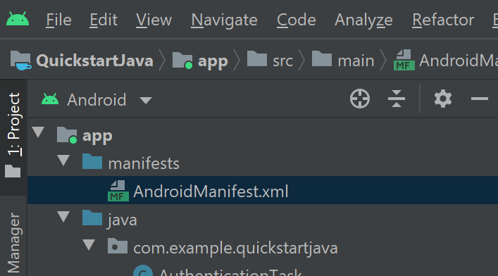 Screenshot of the AndroidManifest XML file.