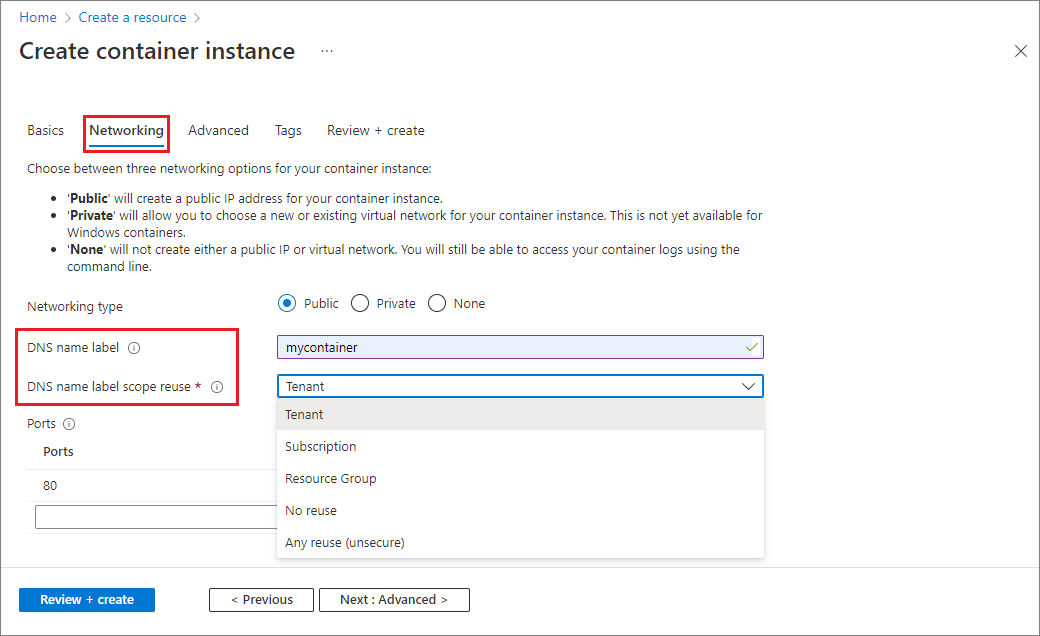 Configuring network settings for a new container instance in the Azure portal
