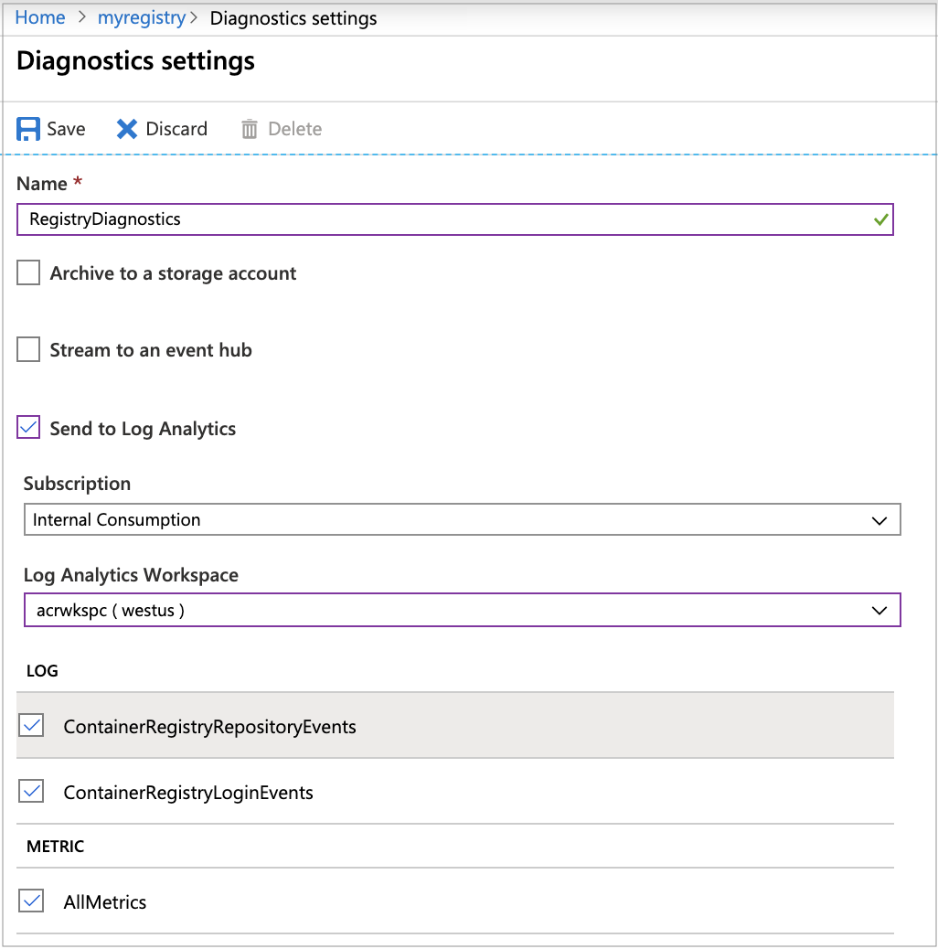 Diagnostic settings for container registry