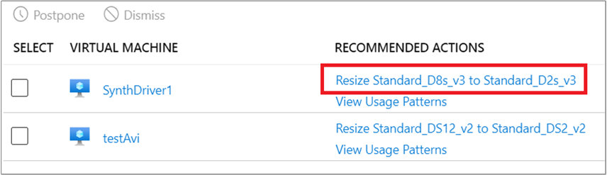 Screenshot showing a recommendation with the option to resize the virtual machine.