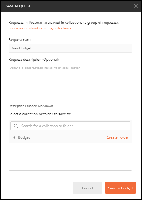 Screenshot showing save the new request in Postman.