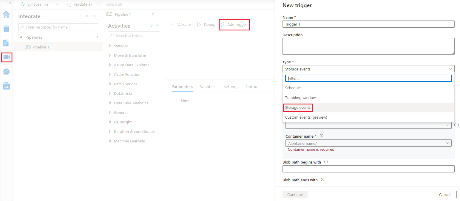 Screenshot of Author page to create a new storage event trigger in the Azure Synapse UI.